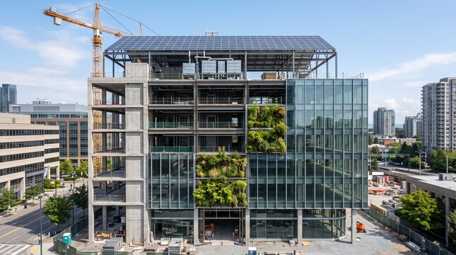 Construction of a modern eco-friendly office building with solar panels and green facade
