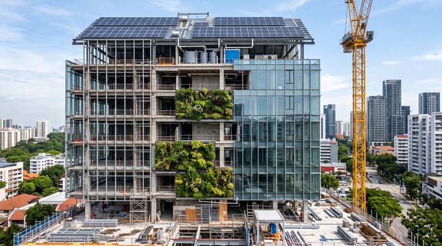 Aerial view of a sustainable building construction site with solar panels and green walls