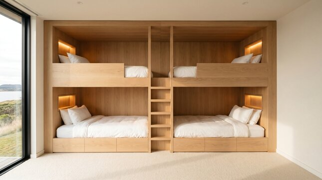 Custom built-in wooden bunk bed system for four people in a contemporary minimalist interior design with large window view