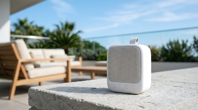 Portable white wireless speaker on sunny outdoor patio. Modern bluetooth speaker for summer garden parties. Minimalist audio device on stone ledge.