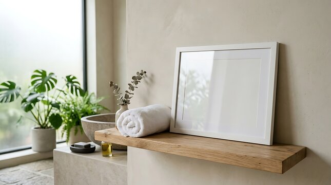 Minimalist white picture frame mockup on wooden shelf. Zen bathroom interior with monstera plants and spa towel. Modern home decor display.