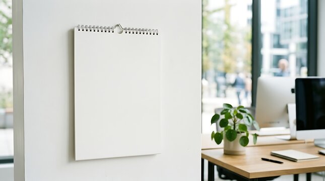 Minimalist wall calendar mockup, blank spiral notebook on office wall, clean white paper template for schedule and planning