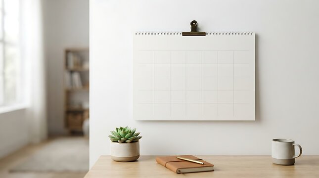 Minimalist blank wall calendar mockup, clean white monthly planner on office wall, professional workspace organizer with desk accessories