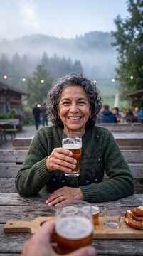 Senior Hispanic Woman Enjoying Oktoberfest Beer at Dawn POV