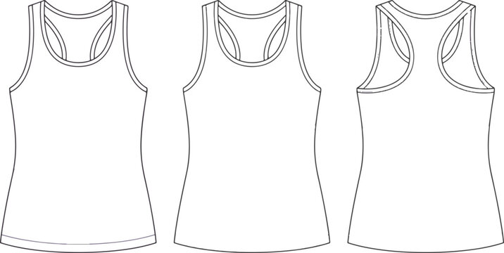 Sleeveless Racerback Tank Top Fashion Flat Sketch, front and back views with fitted silhouette and curved armhole design