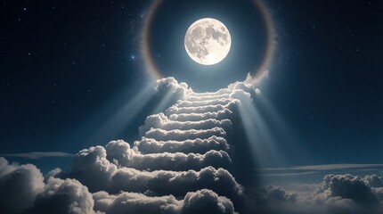 Naklejka premium Stairway made of clouds leads up to full moon in starry night sky. Dramatic sunbeams cut through atmosphere creating mystical heavenly pathway.