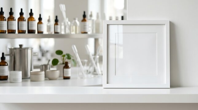 Minimalist square white frame mockup, blank poster on laboratory shelf, apothecary bottles and skincare lab background
