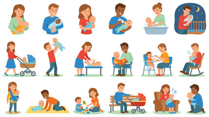 Fototapeta premium Parents caring for newborn babies and toddlers set in colorful flat style.