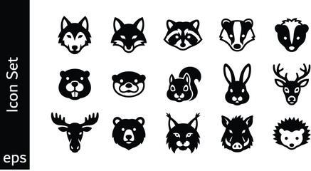 Obraz premium Set of fifteen black and white forest animal head icons featuring various woodland creatures in a flat style