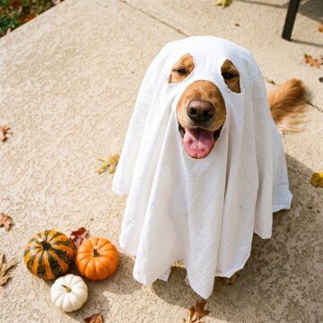 Happy golden retriever dog wearing a ghost costume for halloween with pumpkins