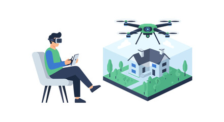 Obraz premium Man in VR Headset Controlling Drone for Real Estate Inspection and Virtual Tour Illustration