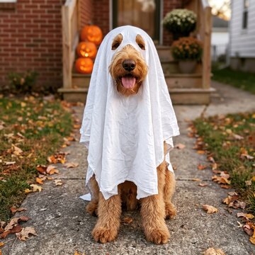 A cute golden doodle dog dressed as a ghost for halloween sitting on a sidewalk