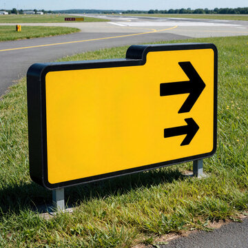 Yellow airport taxiway sign D8 with black right pointing arrows on grass. Aviation navigation marker shows direction on airfield ground under clear blue sky. Ground transportation infrastructure