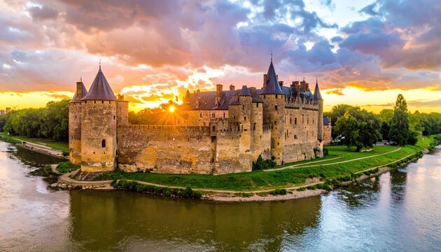 Beautiful medieval castle surrounded by a river at sunset in France.