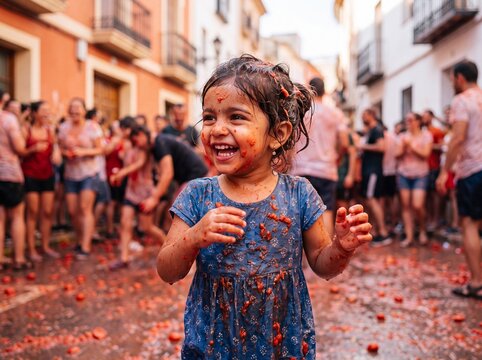 Joyful South Asian Toddler Girl at La Tomatina Festival