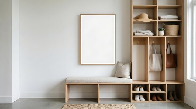 Minimalist entryway mockup with blank vertical frame, modern mudroom wooden bench and built-in storage, clean hallway interior design