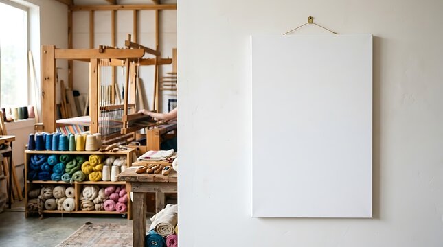 Minimalist vertical poster mockup on white wall, rustic weaving studio interior with loom and colorful yarn, artisan workshop background