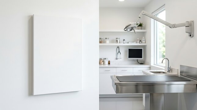 Minimalist veterinary clinic interior with blank vertical poster mockup. Modern animal hospital exam room with medical equipment.