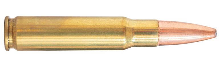 Naklejka premium Copper jacketed bullet on a rifle's 338 cartridge