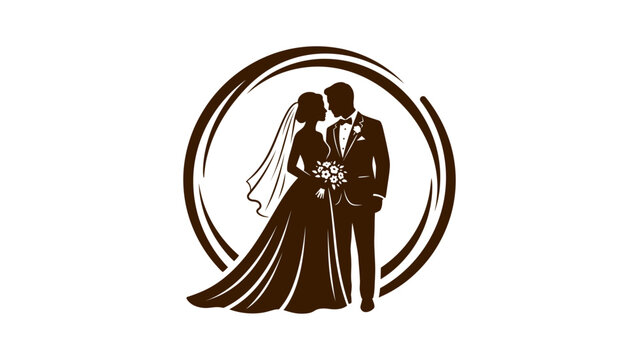 Romantic wedding couple silhouette standing together inside a circular frame with bride and groom