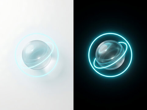 Abstract glowing planet icon with rings in light and dark