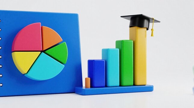 Colorful 3d pie chart, bar graph on blue background. Increasing growth stats with graduation cap on highest yellow column. Success in education, academic achievement, financial progress, student