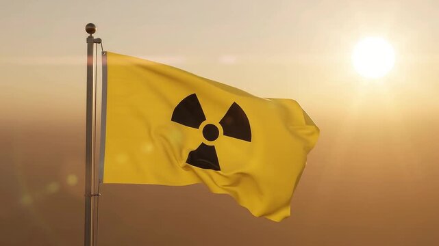 Radiation warning flag waving on pole against sunset sky on transparen