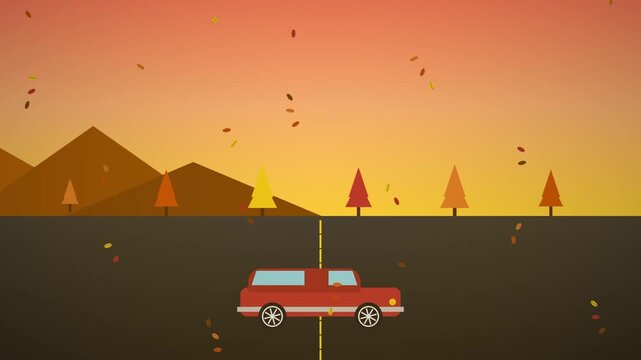 Autumn Foliage Drive Canvas Style 16:9 60fps 4K Animation of a Red Car on a Scenic Seasonal Road