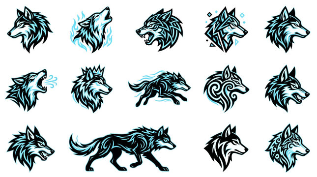 Stylized blue wolf head and full body icons.