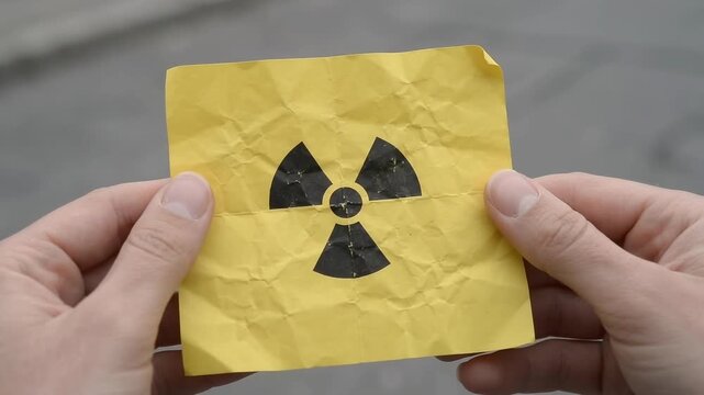 Hands holding yellow paper with radioactive symbol on transparent back