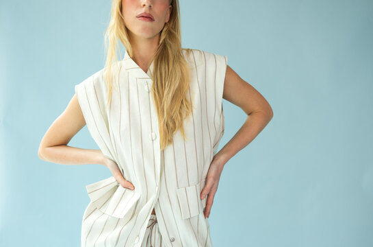 Close Up Detail of Pinstripe Linen Vest and Shorts Outfit on Model