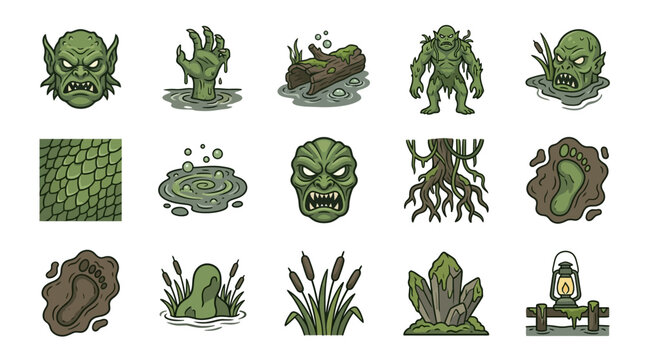 Swamp monster and marsh environment game icon collection.
