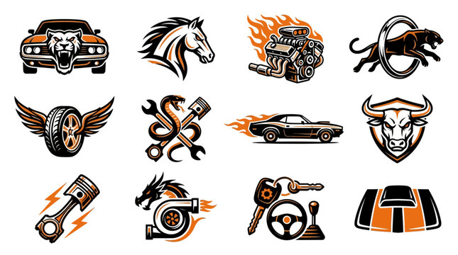 Automotive racing and car engine part emblem set