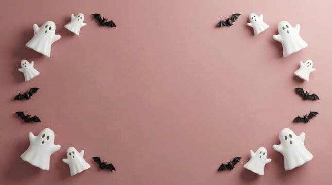 Halloween border frame with white ghost figurines and black bat silhouettes arranged on a soft muted pink background, for seasonal decoration