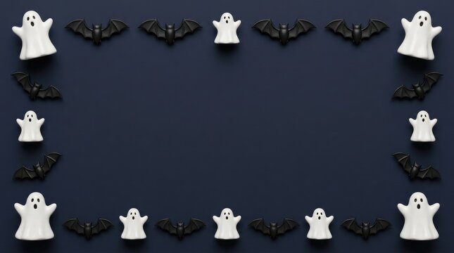 Halloween border frame with white ghost figurines and black bat silhouettes arranged on a dark navy blue background, for seasonal decoration
