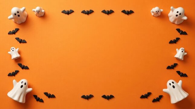 Halloween border frame with white ghost figurines and black bat silhouettes arranged on a vibrant orange background, for seasonal decor