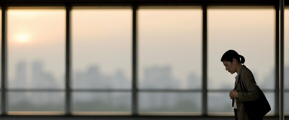Fototapeta premium Silhouette of a businesswoman walking near large glass windows inside a high-rise office building.