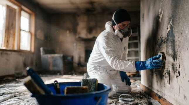 Restoration Worker in Protective Suit Cleaning Soot from Damaged Wall