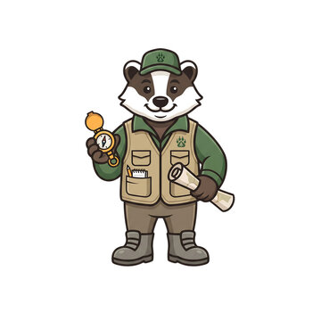 Cute pixel art badger character wearing a scout uniform holding a map and a small gold compass