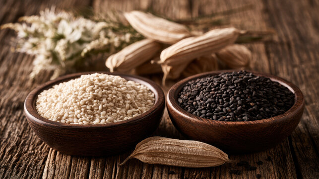 White and black sesame seeds in wooden bowls with dried sesame pods and flowers on a rustic wooden table