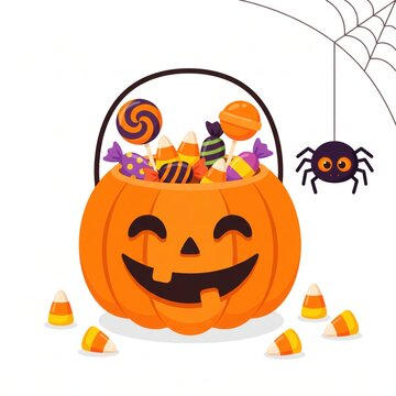 Halloween pumpkin bucket filled with candies and a cute spider on a web