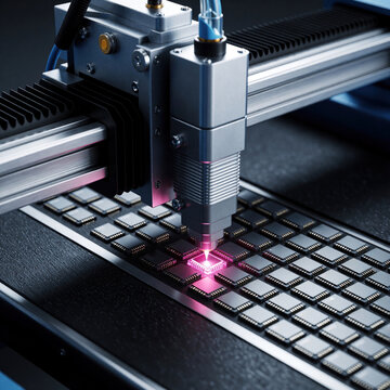 Automated machine laser marks electronic components on circuit board. Precision manufacturing process for microchips, high tech factory production line. Industrial robotics assembly.