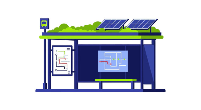Sustainable Modern Bus Stop with Solar Panels and Green Roof Vector Illustration
