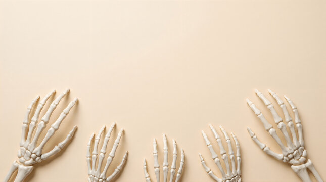Multiple human skeleton hands arranged in a row on a neutral beige background for halloween concept