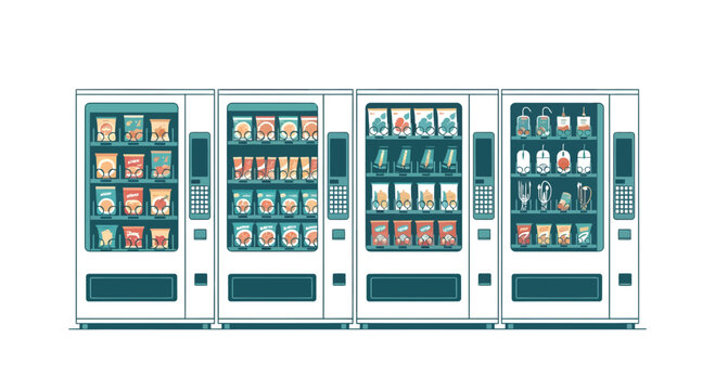 Row of modern automatic vending machines with snacks, drinks, and electronic accessories, vector illustration isolated on white.