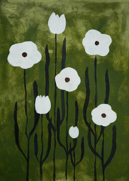 Hand painted white flowers naive art background
