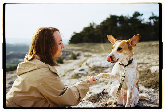Film photo of a woman with her cute dog giving her paw at training 