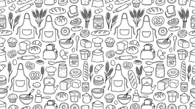 Hand drawn bakery and kitchen tools seamless pattern on white background