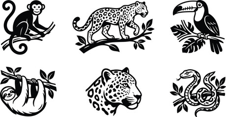 Naklejka premium Tropical rainforest wild animals black vector icons set featuring monkey jaguar toucan sloth leopard and snake