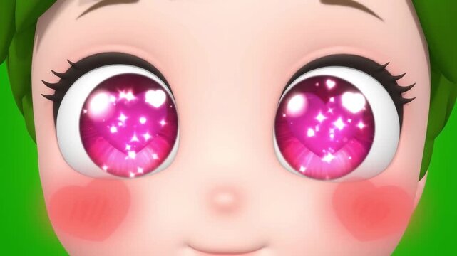 Anime Style Sparkly Pink Girl Eyes Blinking on Green Screen